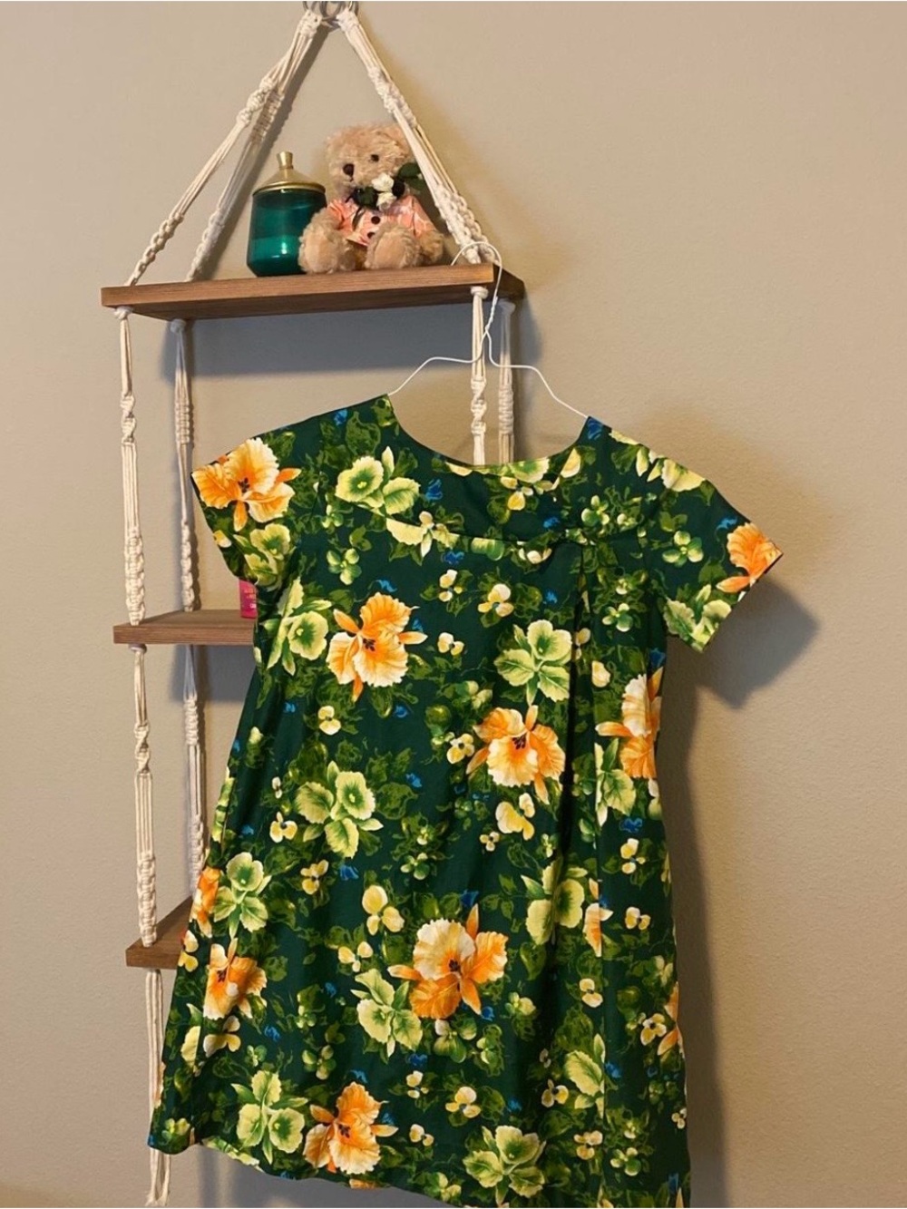 Green Floral Mini Dress with Yellow-Orange Blooms